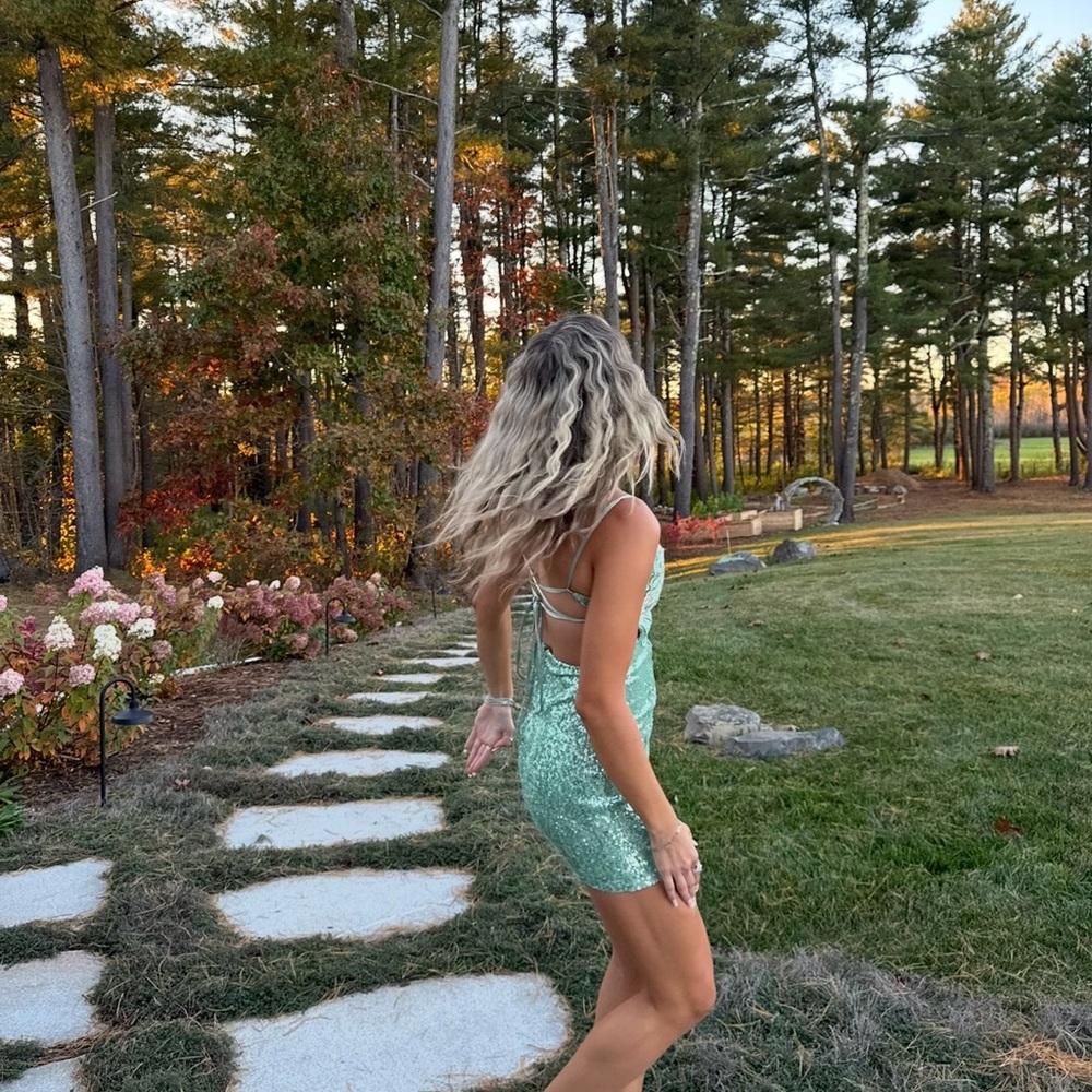 Dear Moon Spaghetti Strap Sequin Criss Cross Back Mini Dress Butterfly Beading - Picture 7 of 8